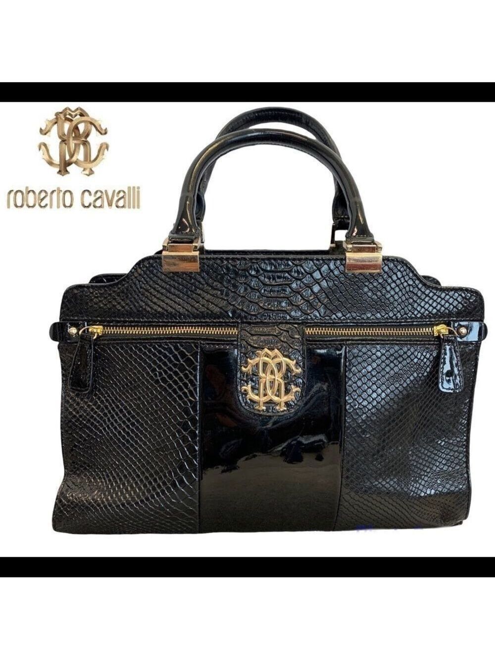 ROBERTO Cavalli black snakeskin print embossed patent leather purse bag